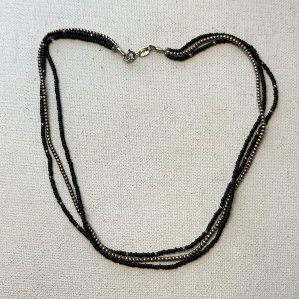 Silpada Sterling Silver Black Seed Bead Triple Strand Necklace Collar Dainty 16"
